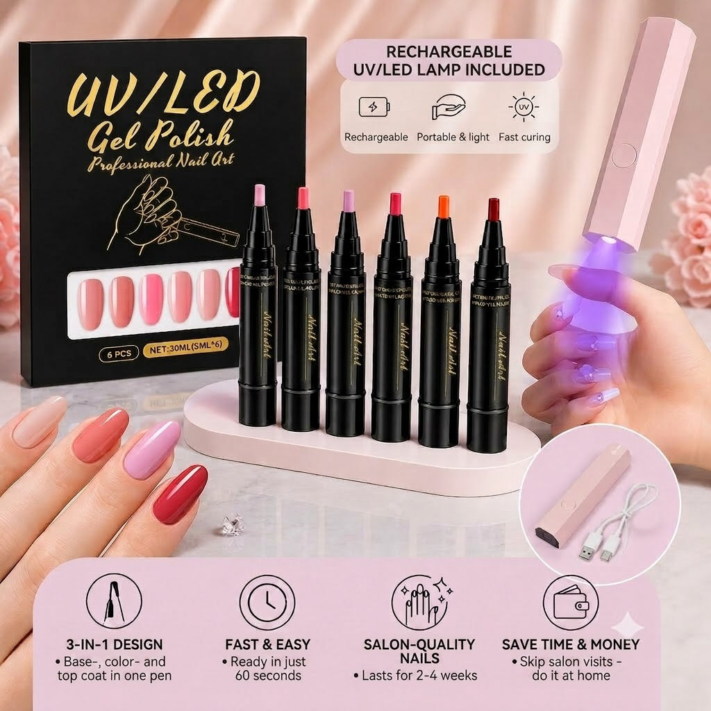 SalonPen – 3-in-1 Nail Polish Pen (with UV Light) – Set of 6