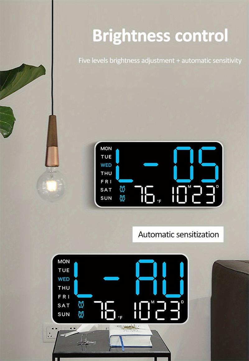 Large Digital Wall Clock with LED Display – Modern Electronic Clock with Date and Temperature