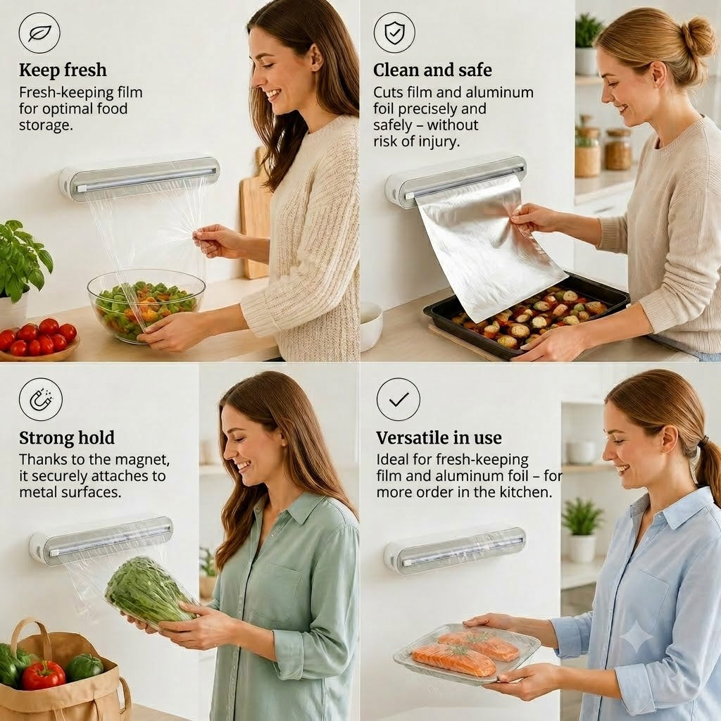 Magnetic Wall-Mounted Foil & Cling Film Dispenser with Safety Cutter