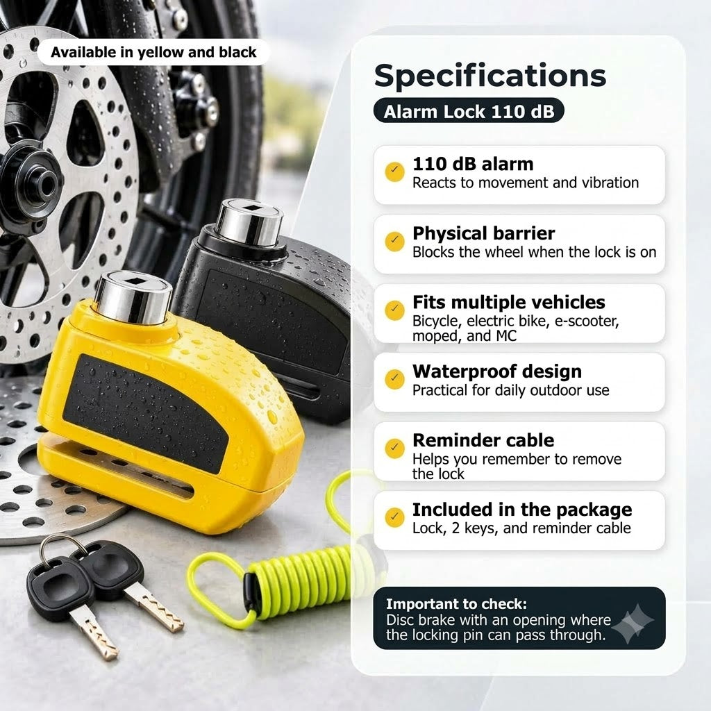 110 dB Alarm Disc Brake Lock – Disc Brake Lock for Bicycles, Mopeds & Motorcycles