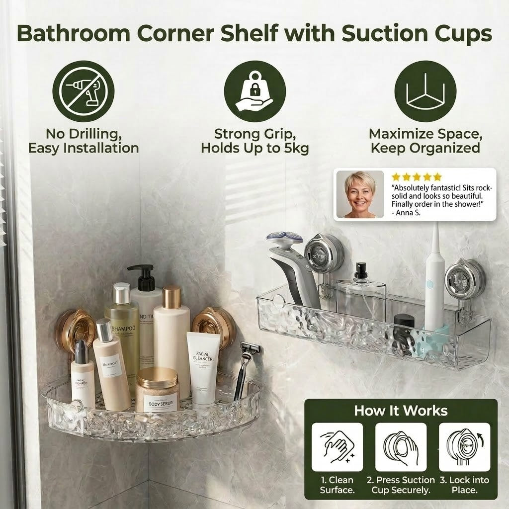 Bathroom Corner Shelf with Suction Cups – No-Drilling Storage Organizer