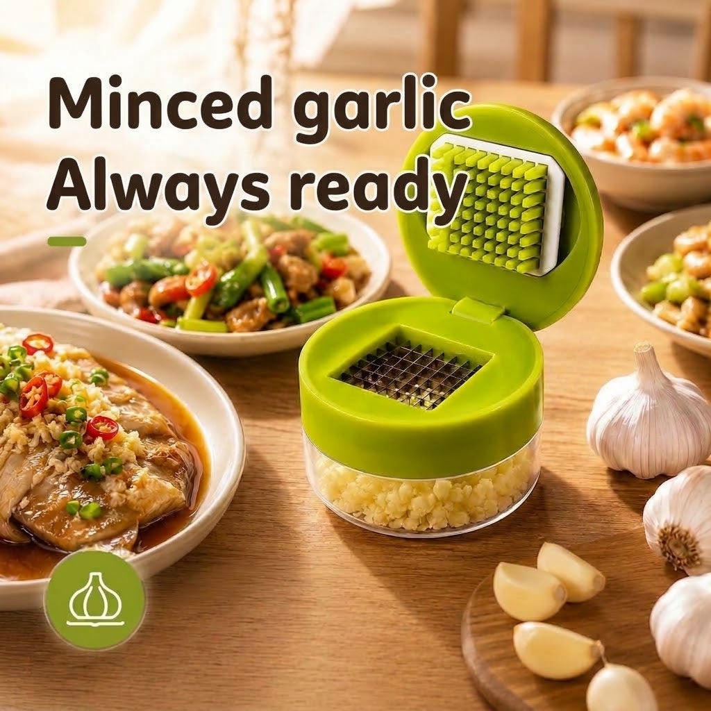 Compact garlic press with collection tray