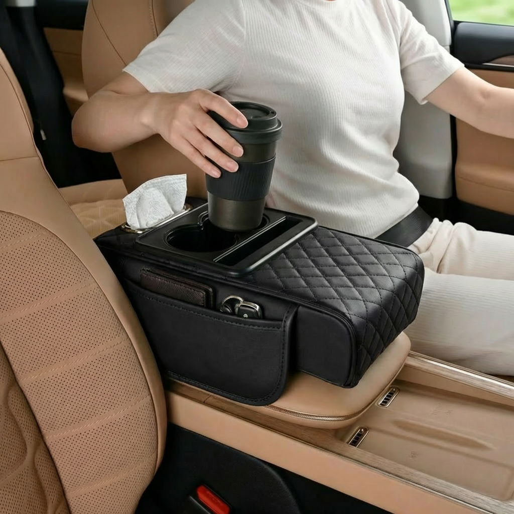Multifunctional Car Armrest Storage Bag – with Cup Holder and Built-in Compartment