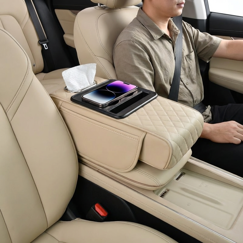 Multifunctional Car Armrest Storage Bag – with Cup Holder and Built-in Compartment