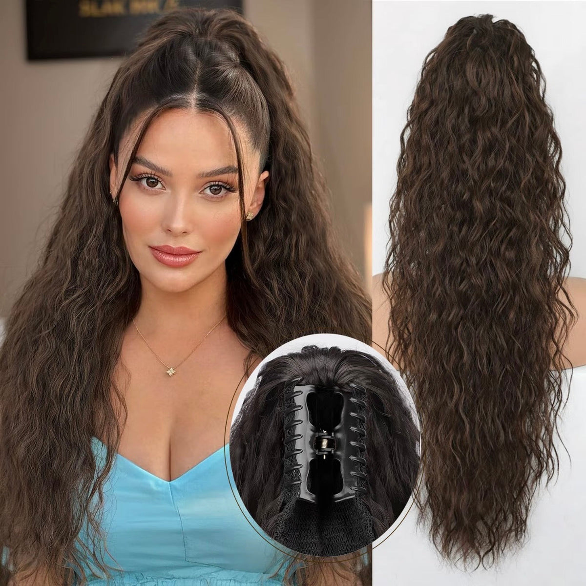 Long Wavy Ponytail Extension (Water Wave) – Voluminous Claw Clip Ponytail for Everyday & Parties