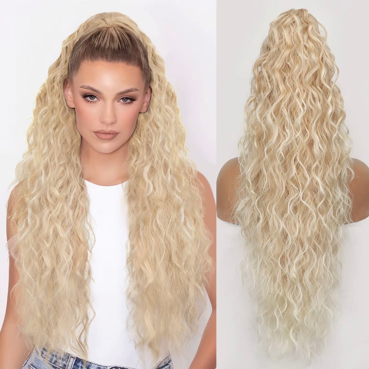 Long Wavy Ponytail Extension (Water Wave) – Voluminous Claw Clip Ponytail for Everyday & Parties