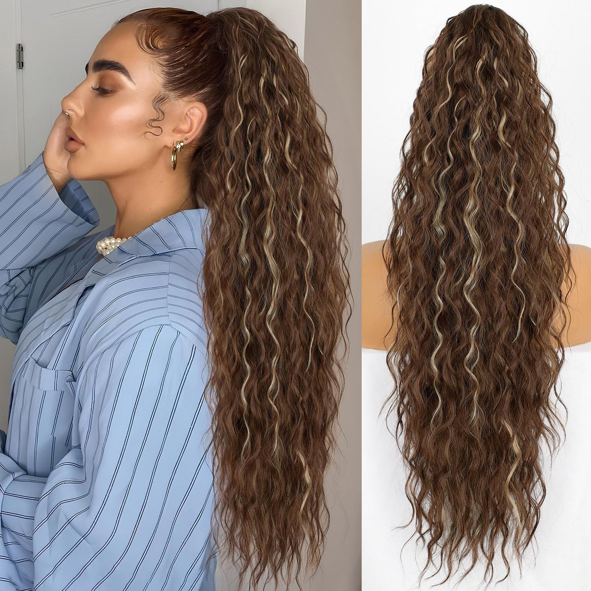 Long Wavy Ponytail Extension (Water Wave) – Voluminous Claw Clip Ponytail for Everyday & Parties