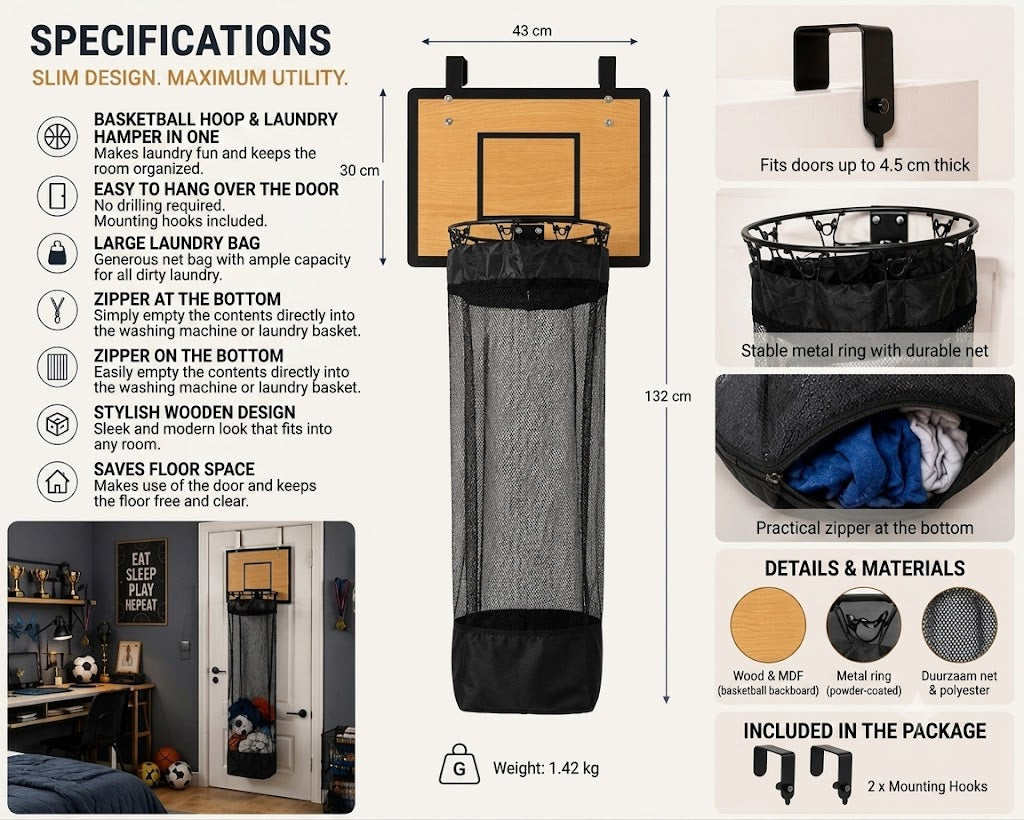 Over-the-Door Laundry Hamper: 2-in-1 Basketball Hoop & Laundry Basket🏀