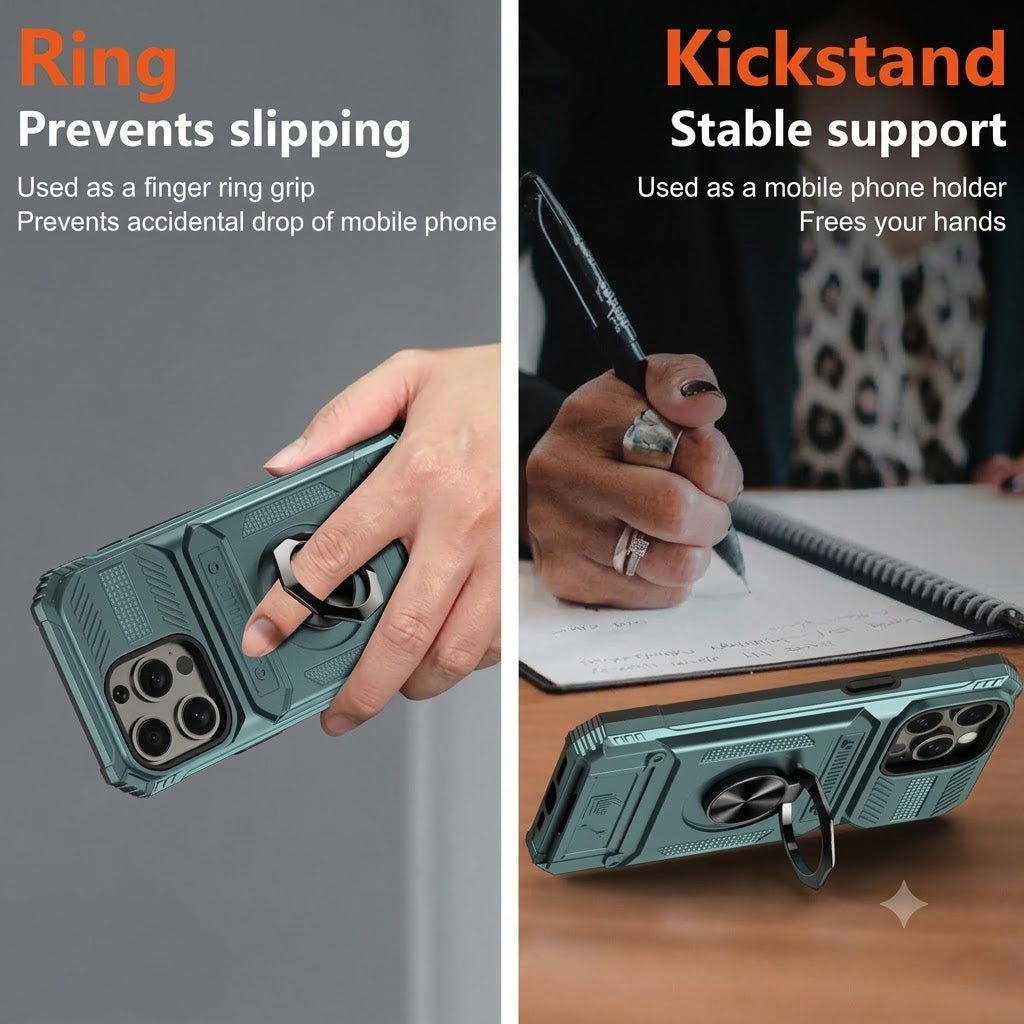 Shockproof iPhone Case with Card Holder and Integrated Ring Holder