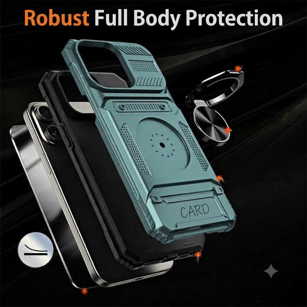 Shockproof iPhone Case with Card Holder and Integrated Ring Holder