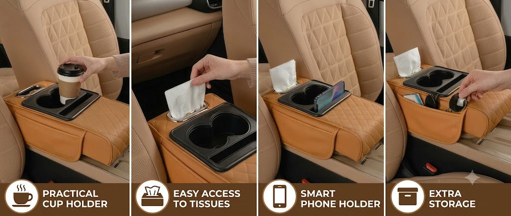 Multifunctional Car Armrest Storage Bag – with Cup Holder and Built-in Compartment