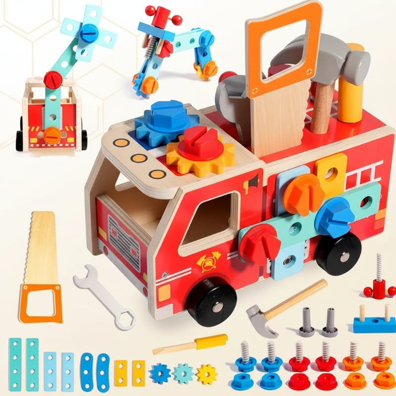 Wooden Fire Truck Building Kit – Construction Toy with Tools (Educational & Sustainable)