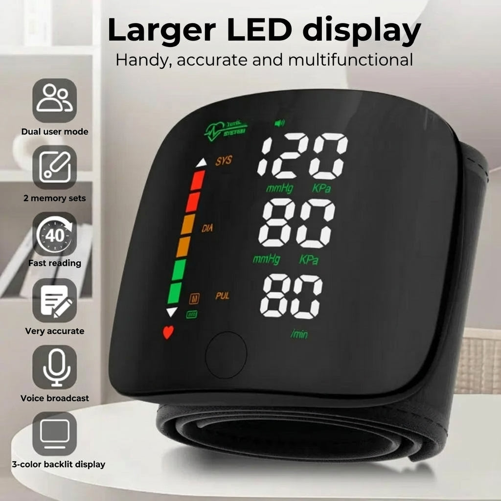 Digital Wrist Blood Pressure Monitor - Large LED Display & Memory