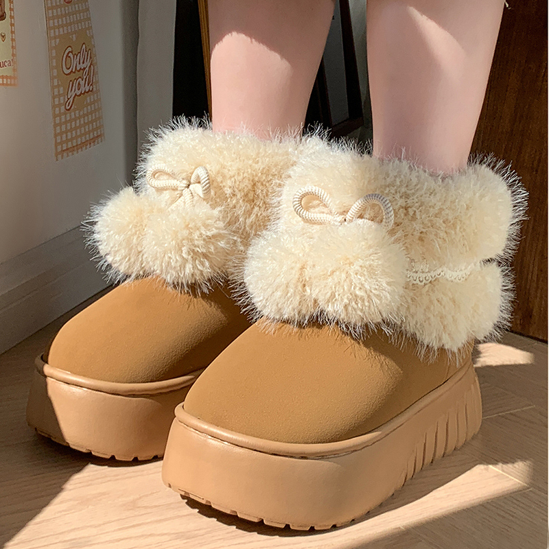 Warm Platform Slippers with Pom-Poms