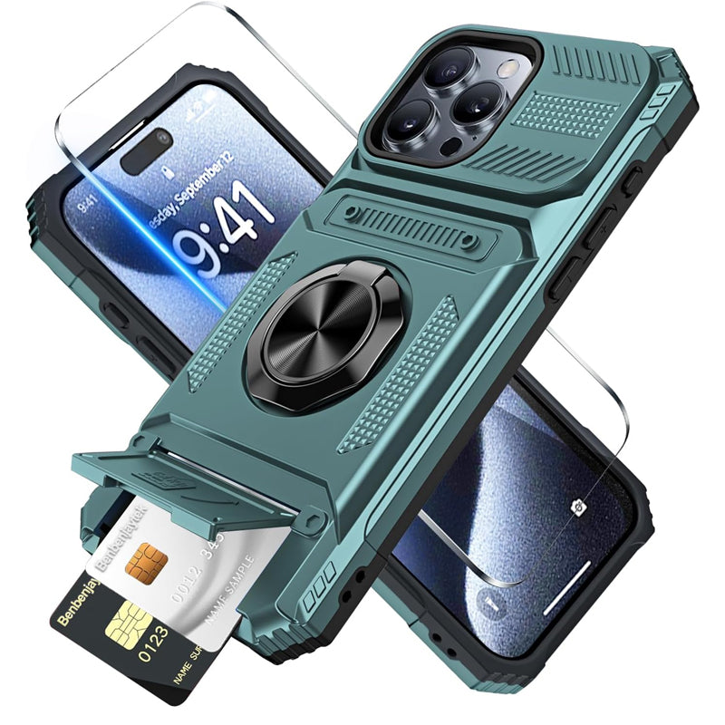 Shockproof iPhone Case with Card Holder and Integrated Ring Holder