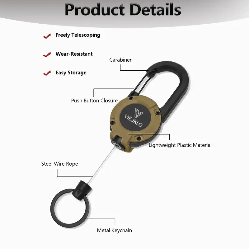 Retractable Keychain with Carabiner – 65 cm Steel Wire, Lightweight & Durable
