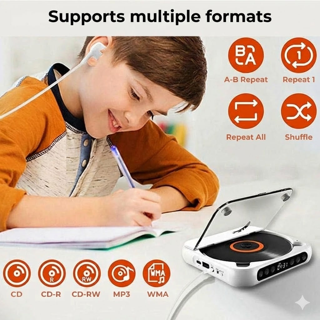 Portable CD Player with Bluetooth – Rechargeable Discman for Car & Travel (Anti-Shock)