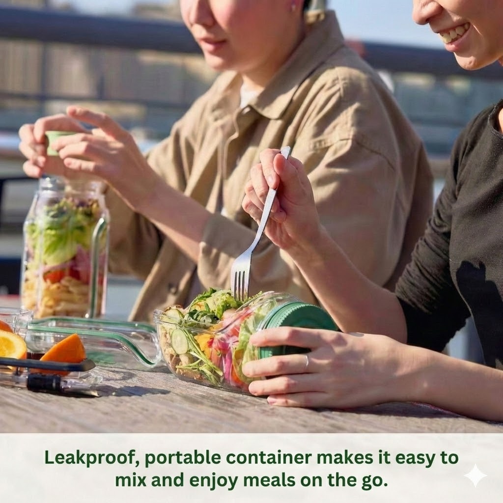 Salad Box to Go - Leakproof Lunch Box with Compartments & Dressing Container (Dishwasher Safe)