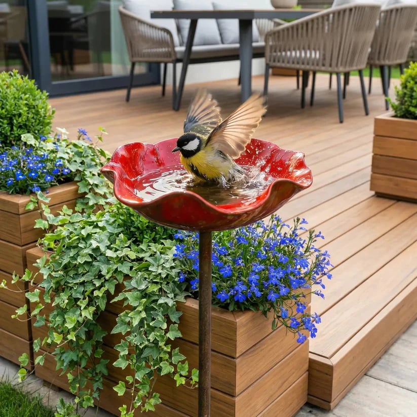 Handmade Bird Bath in Flower Seed Shape – Unique Garden Decoration and Bird Drinking Bowl