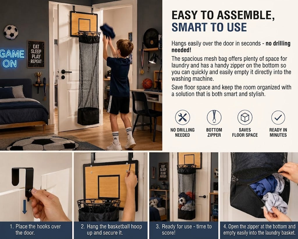 Over-the-Door Laundry Hamper: 2-in-1 Basketball Hoop & Laundry Basket🏀
