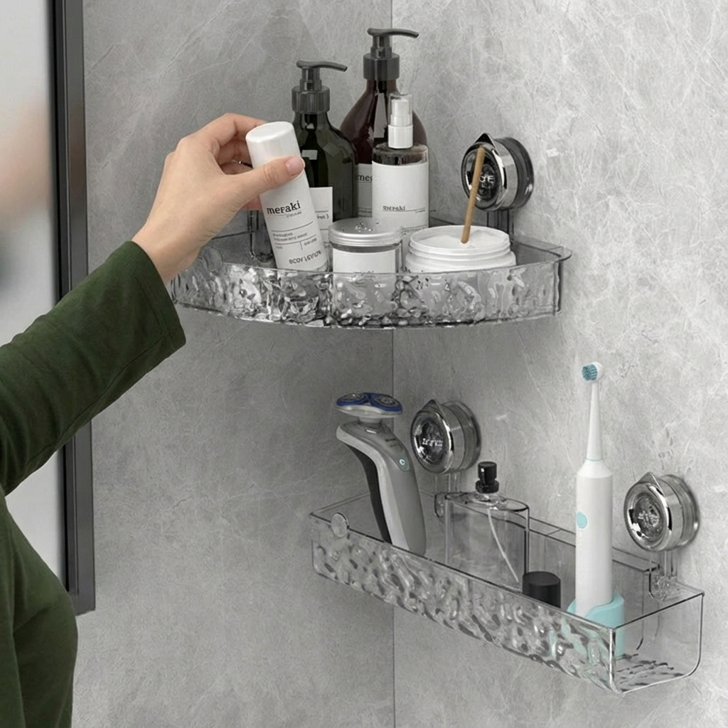 Bathroom Corner Shelf with Suction Cups – No-Drilling Storage Organizer