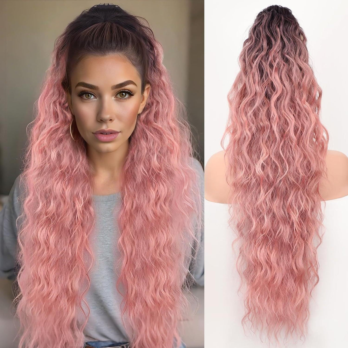 Long Wavy Ponytail Extension (Water Wave) – Voluminous Claw Clip Ponytail for Everyday & Parties