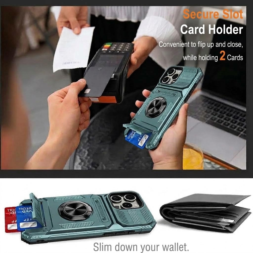 Shockproof iPhone Case with Card Holder and Integrated Ring Holder