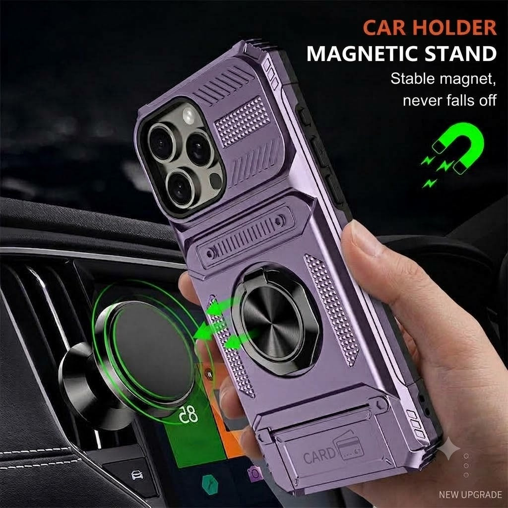 Shockproof iPhone Case with Card Holder and Integrated Ring Holder