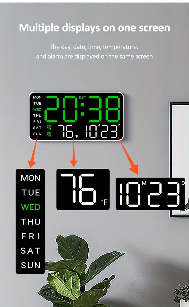 Large Digital Wall Clock with LED Display – Modern Electronic Clock with Date and Temperature