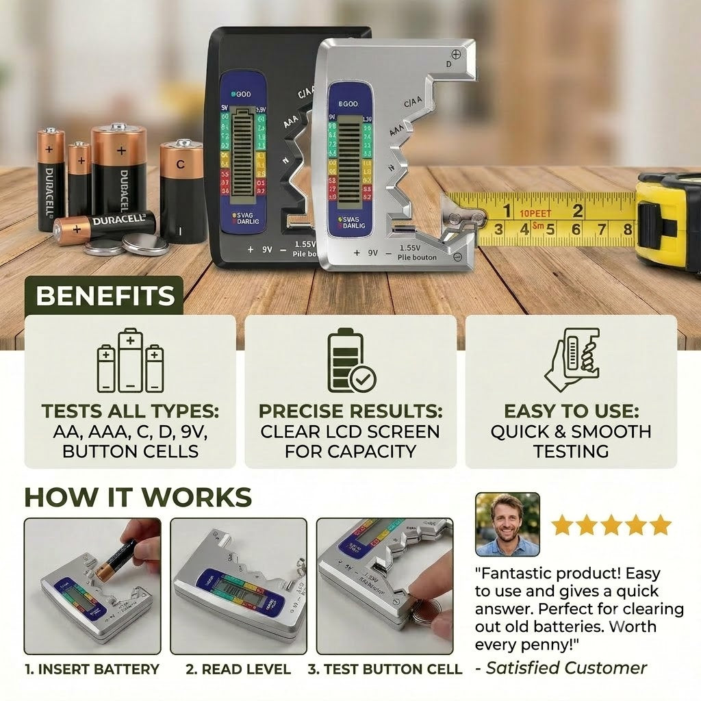 Digital Battery Tester with LCD Screen – Measures Capacity for AA, AAA, C, D, 9V, and Button Cell Batteries 🔋