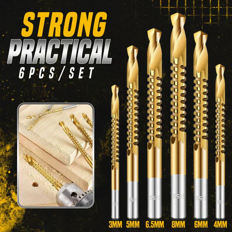 Titanium-Coated Spiral Drill Bit Set – 6 Sizes, 2-in-1 Drilling and Sawing