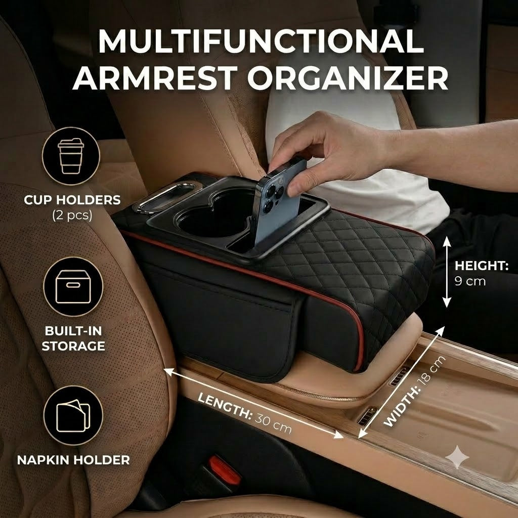 Multifunctional Car Armrest Storage Bag – with Cup Holder and Built-in Compartment
