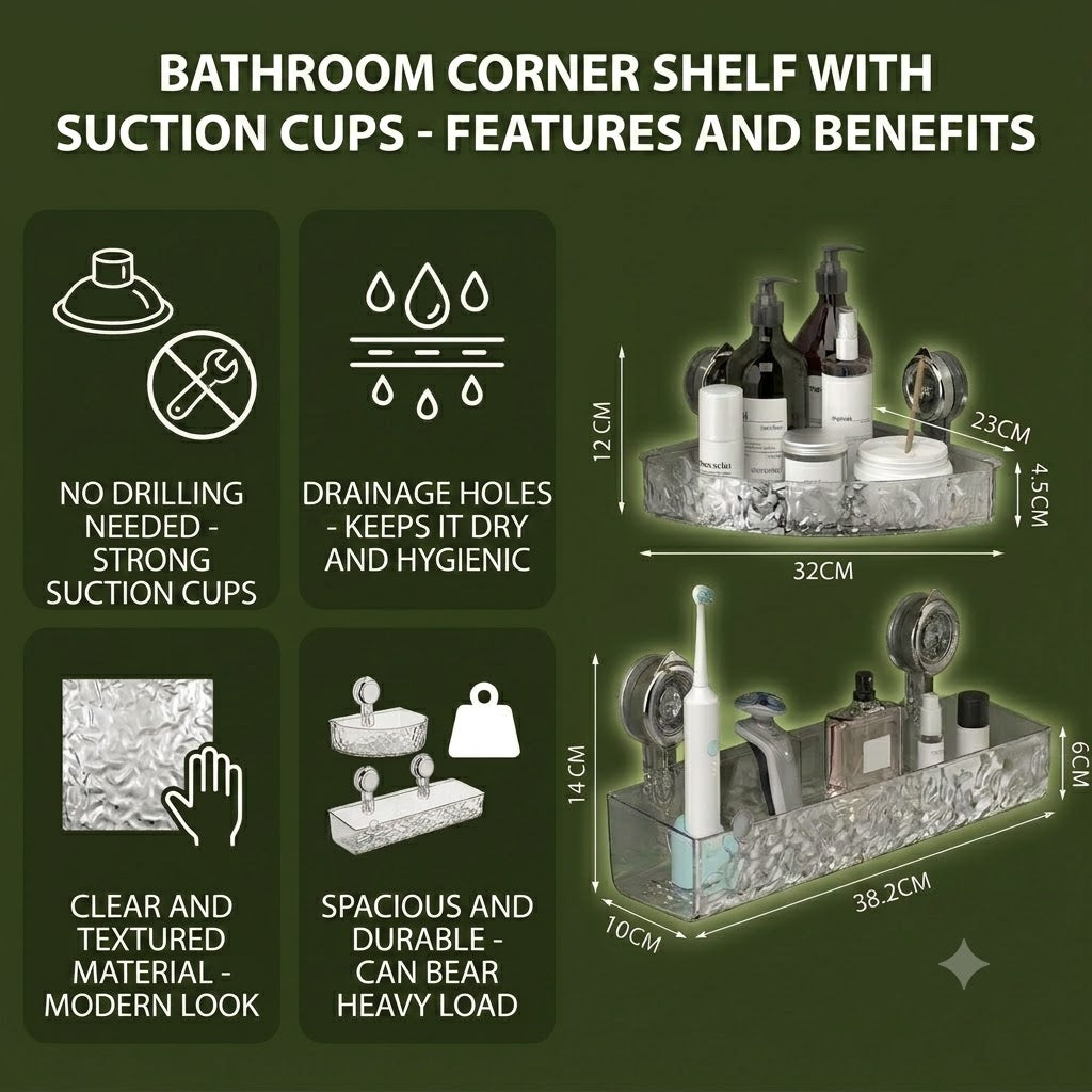 Bathroom Corner Shelf with Suction Cups – No-Drilling Storage Organizer
