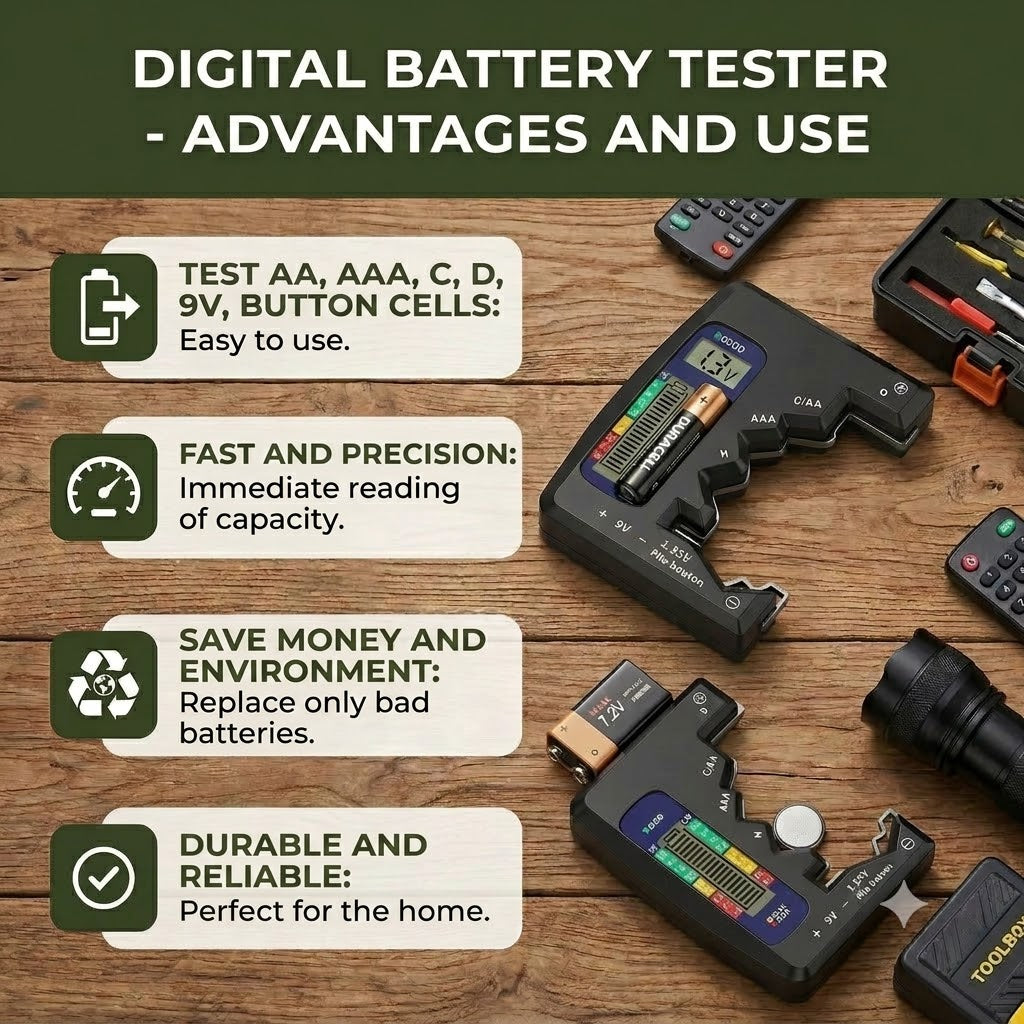 Digital Battery Tester with LCD Screen – Measures Capacity for AA, AAA, C, D, 9V, and Button Cell Batteries 🔋