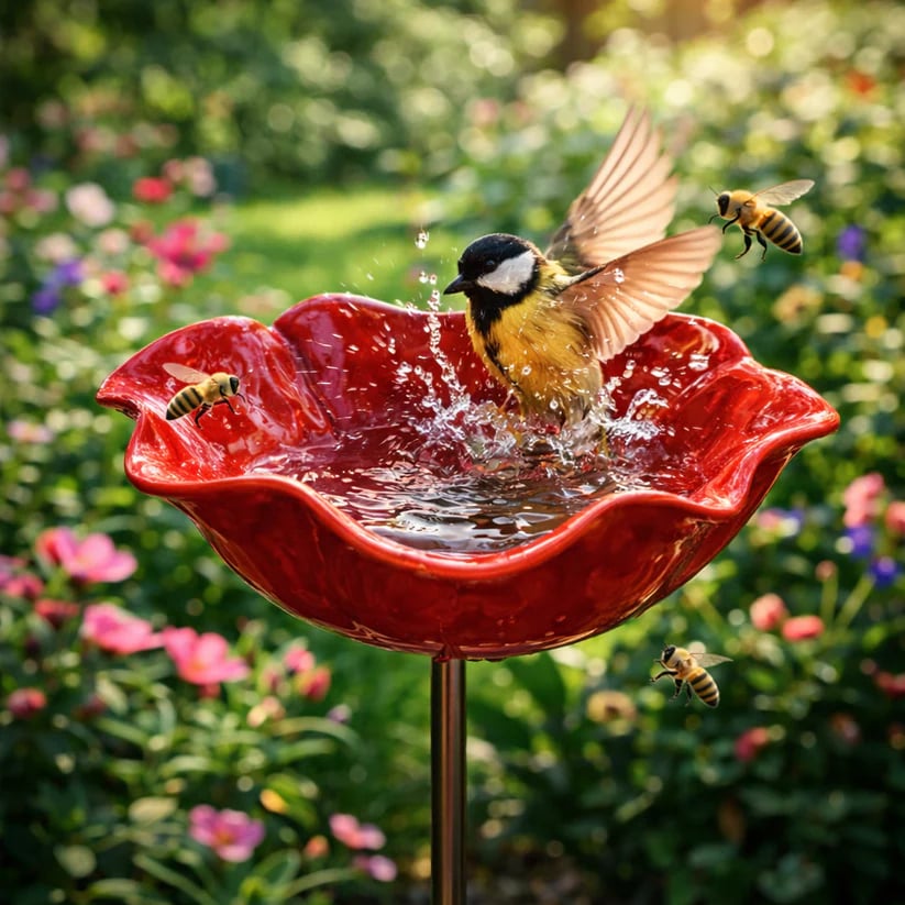 Handmade Bird Bath in Flower Seed Shape – Unique Garden Decoration and Bird Drinking Bowl