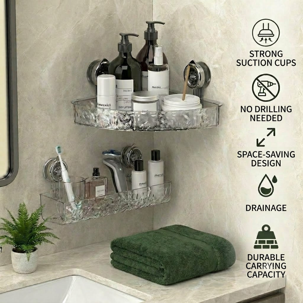 Bathroom Corner Shelf with Suction Cups – No-Drilling Storage Organizer