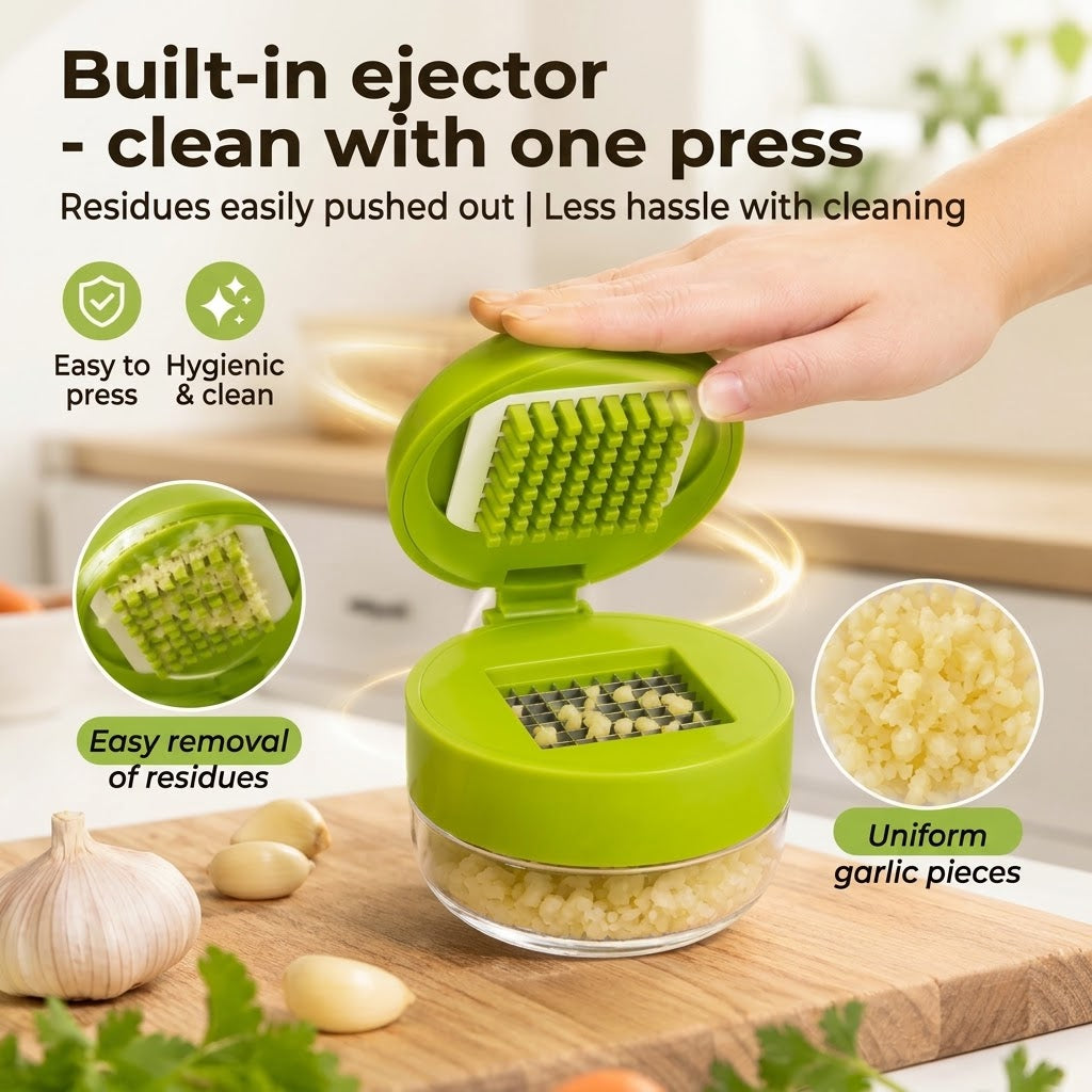 Compact garlic press with collection tray