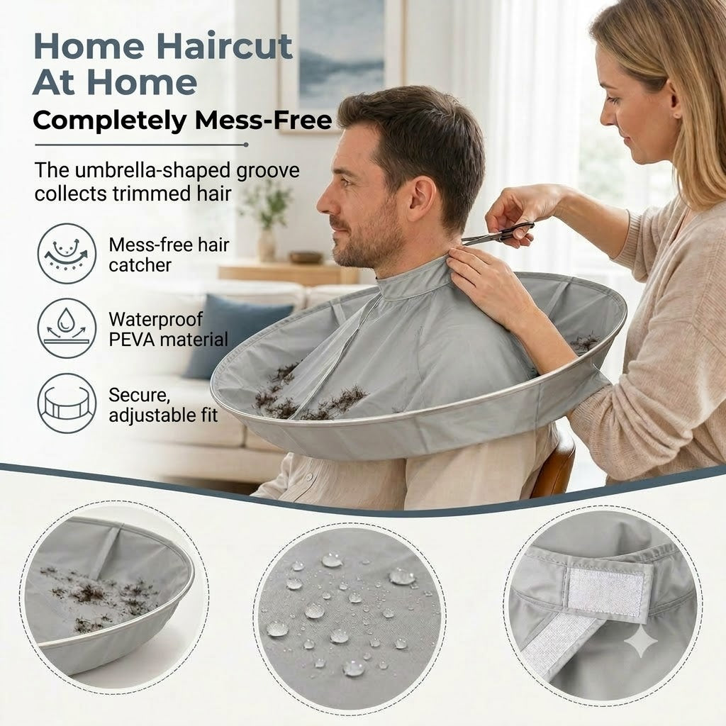 Waterproof Hair Cutting Cape with Catcher – Foldable Umbrella Hairdressing Cloak for Home Haircuts