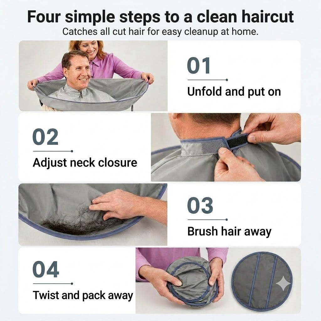 Waterproof Hair Cutting Cape with Catcher – Foldable Umbrella Hairdressing Cloak for Home Haircuts