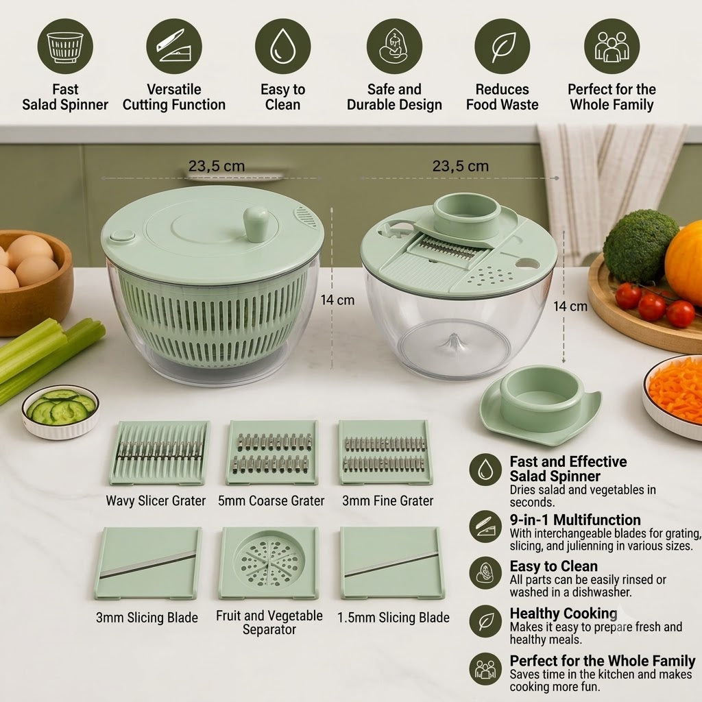 9-in-1 Manual Vegetable & Salad Chopper with Rotary Function