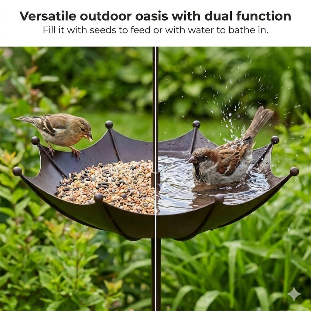 Hanging Bird Feeder and Drinking Bowl – Umbrella-Shaped Feeder Silo – 2-in-1 Feeding Station