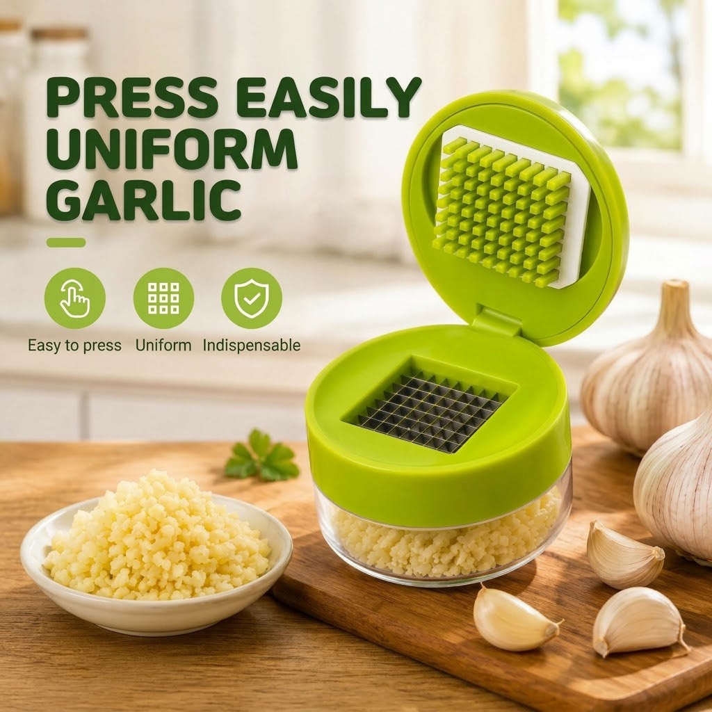 Compact garlic press with collection tray