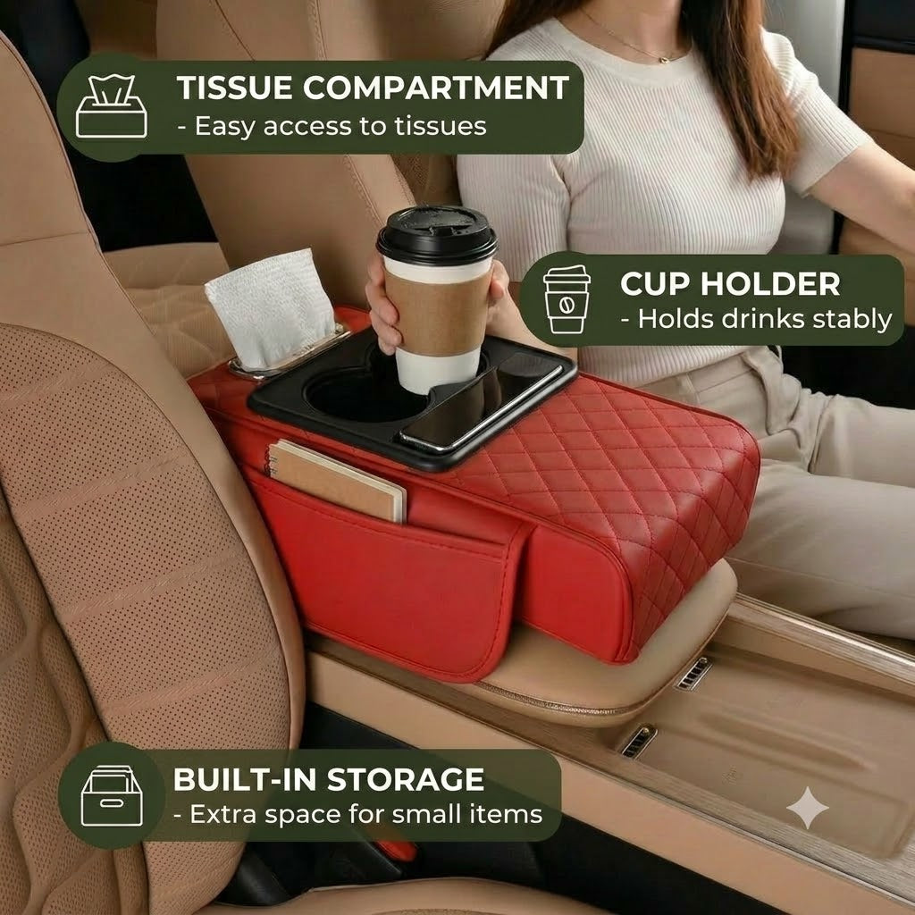 Multifunctional Car Armrest Storage Bag – with Cup Holder and Built-in Compartment