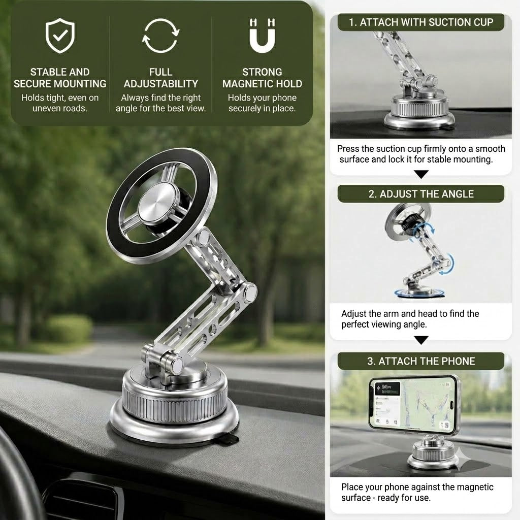 Full-Metal Magnetic Car Phone Mount with Ultra-Strong Suction Cup