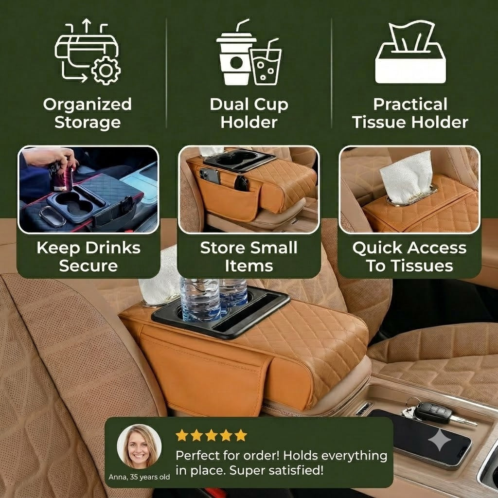 Multifunctional Car Armrest Storage Bag – with Cup Holder and Built-in Compartment