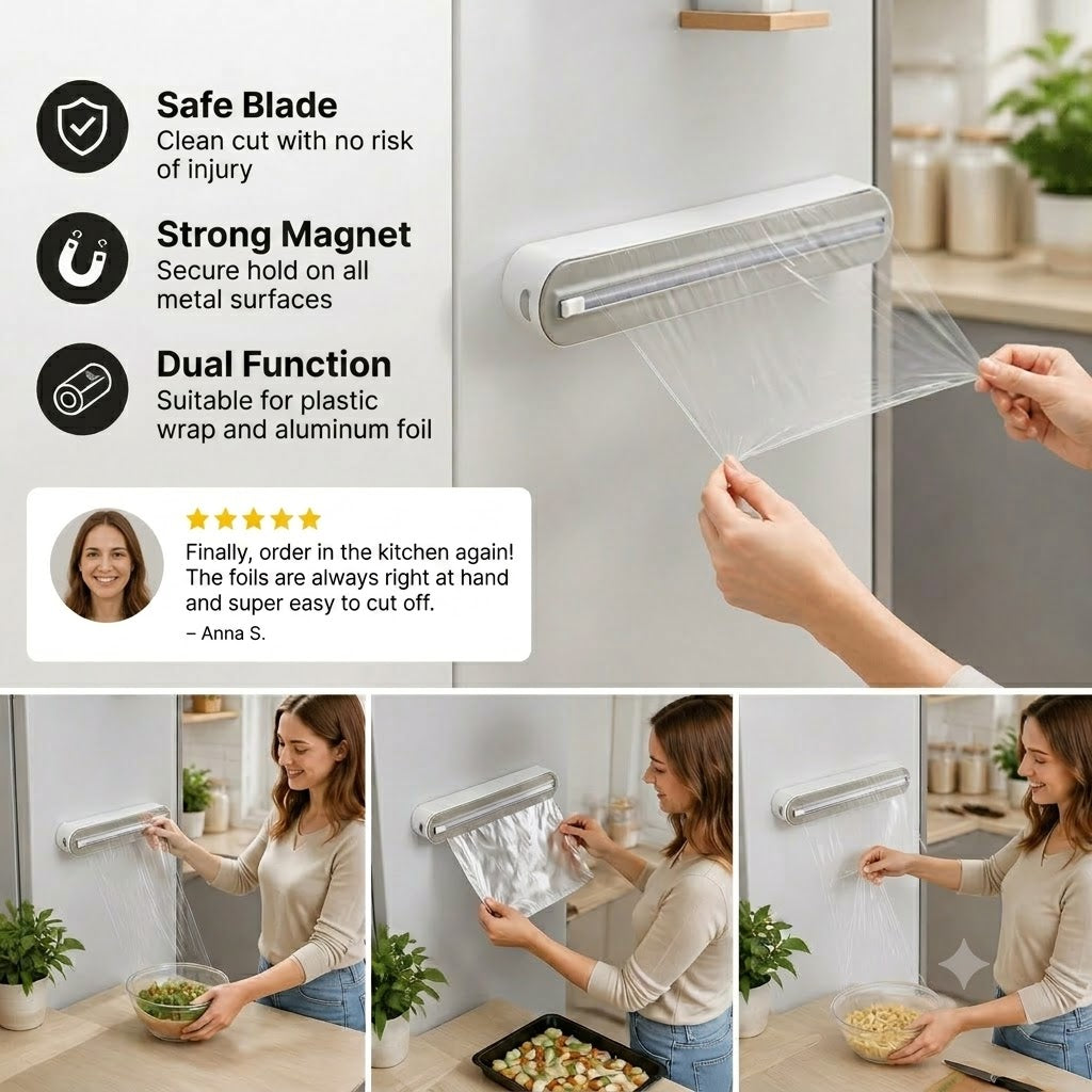 Magnetic Wall-Mounted Foil & Cling Film Dispenser with Safety Cutter