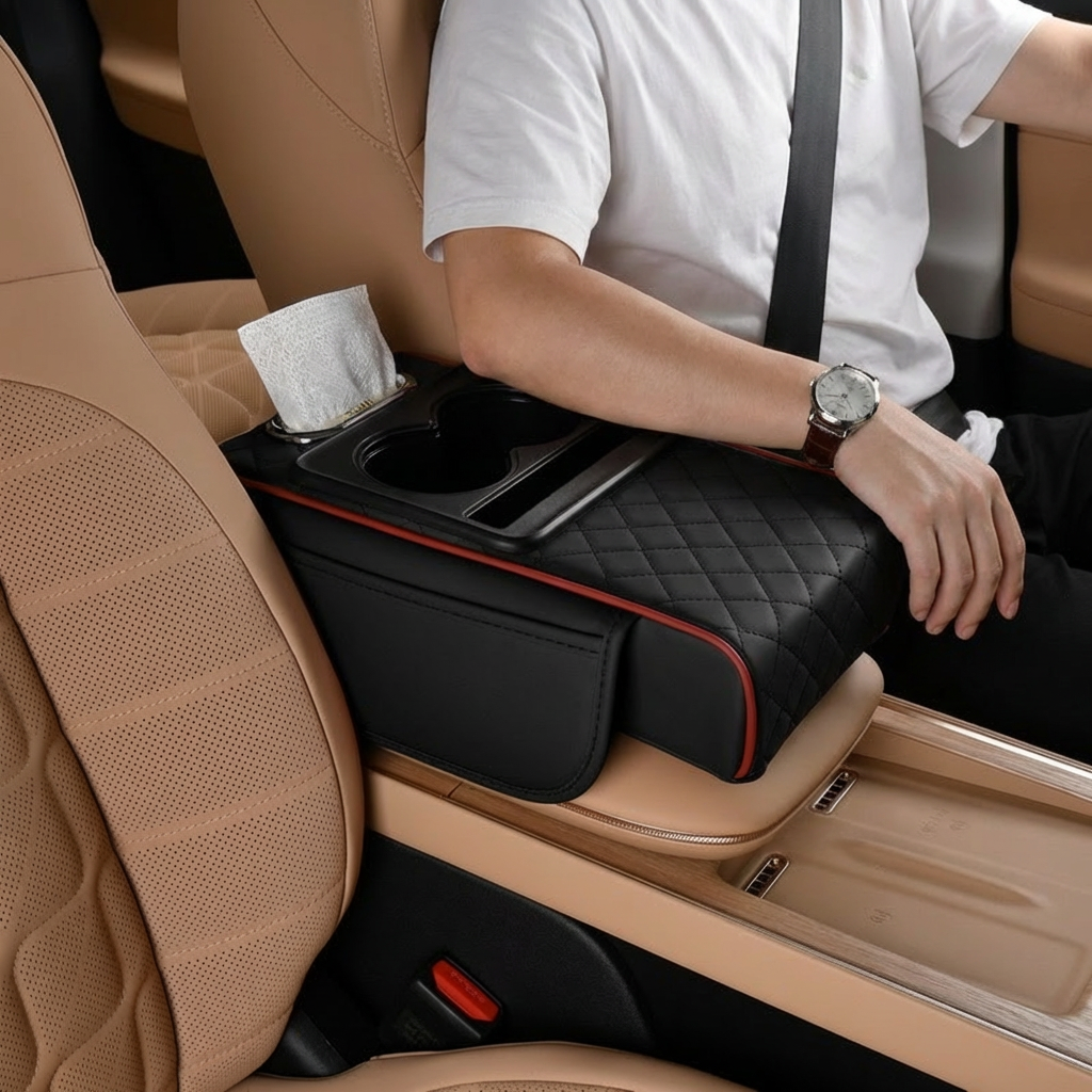 Multifunctional Car Armrest Storage Bag – with Cup Holder and Built-in Compartment