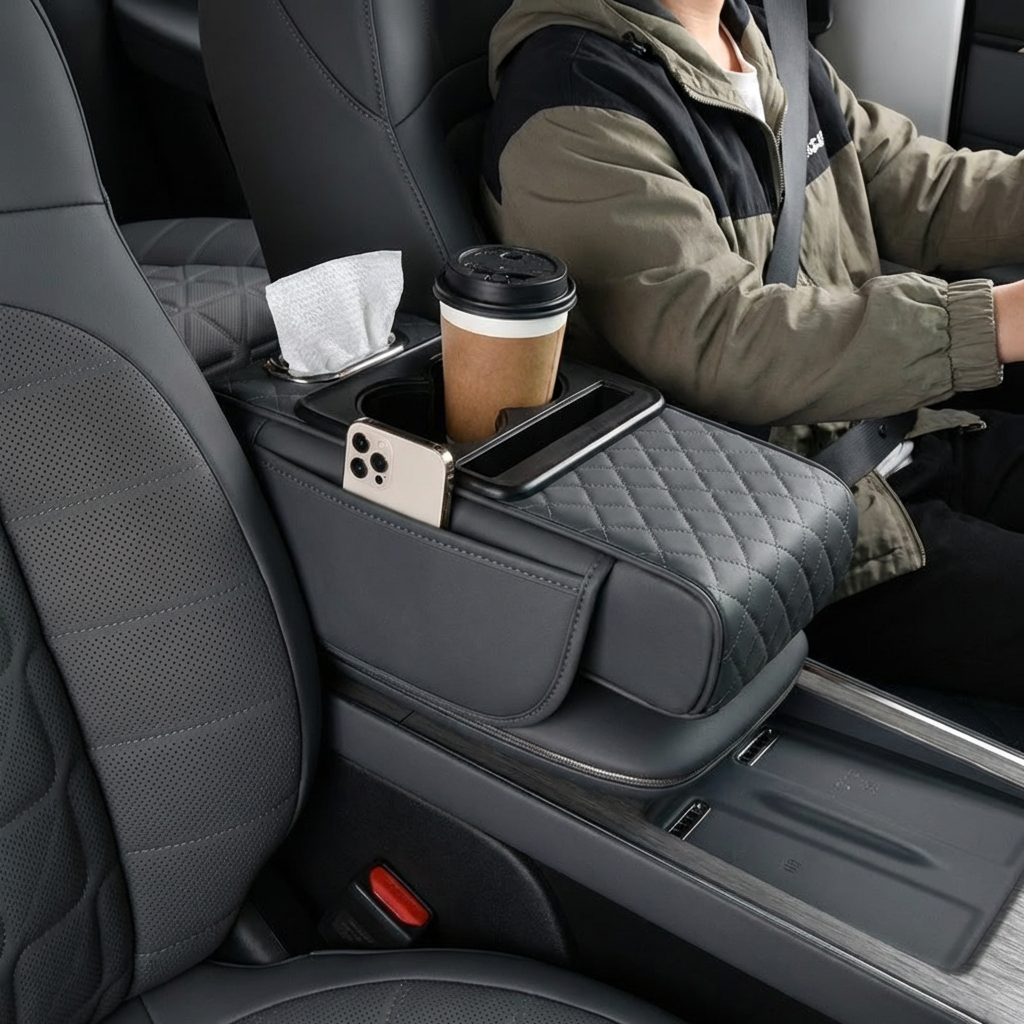 Multifunctional Car Armrest Storage Bag – with Cup Holder and Built-in Compartment