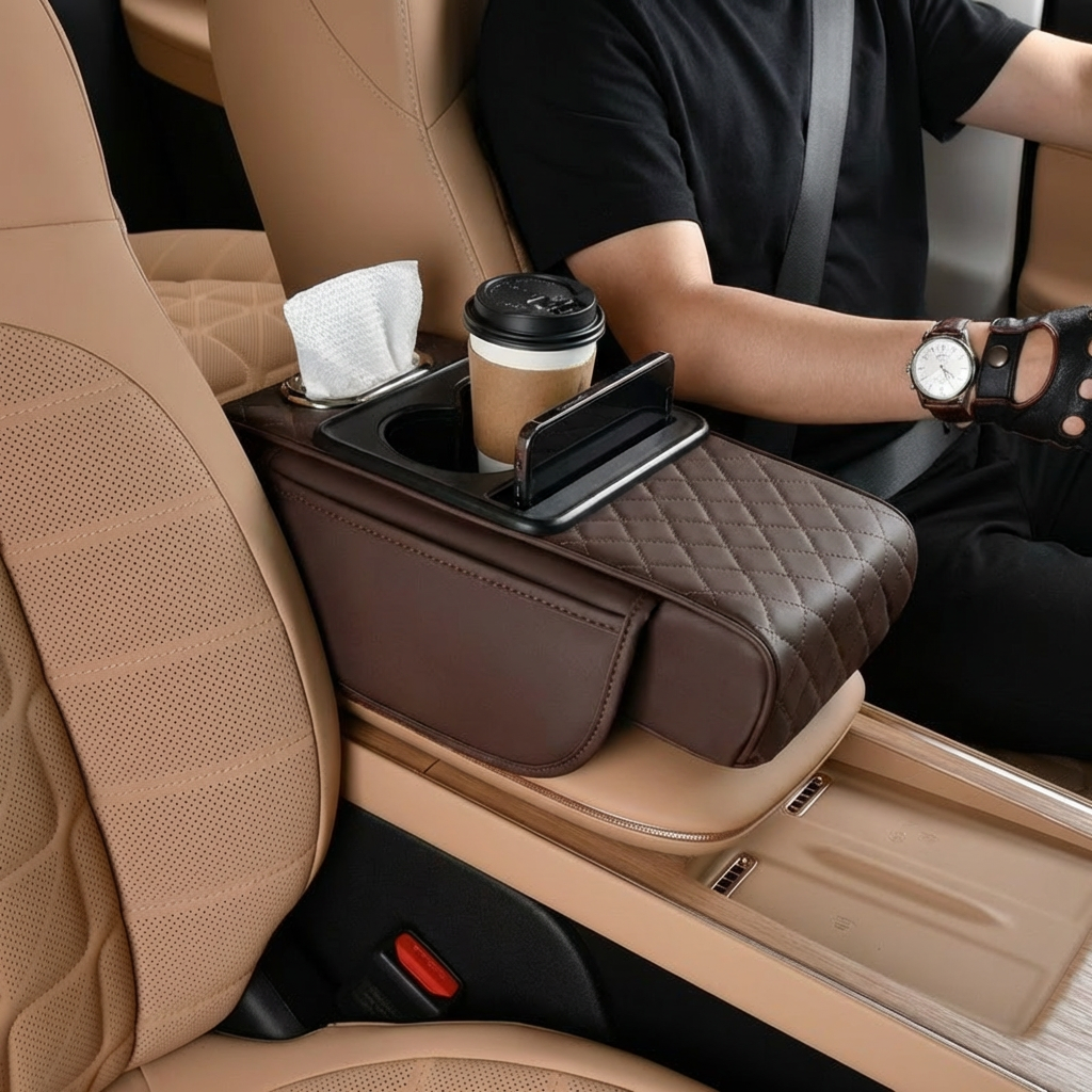 Multifunctional Car Armrest Storage Bag – with Cup Holder and Built-in Compartment