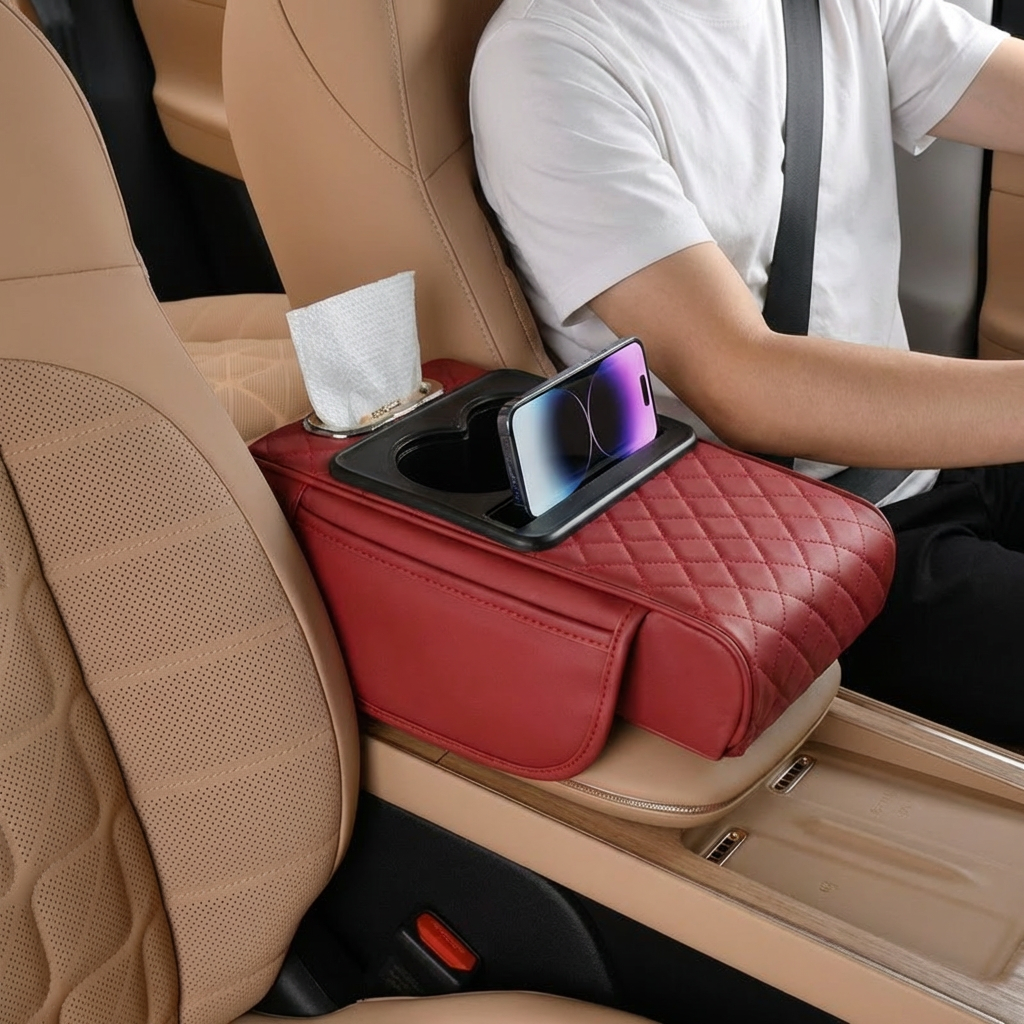 Multifunctional Car Armrest Storage Bag – with Cup Holder and Built-in Compartment